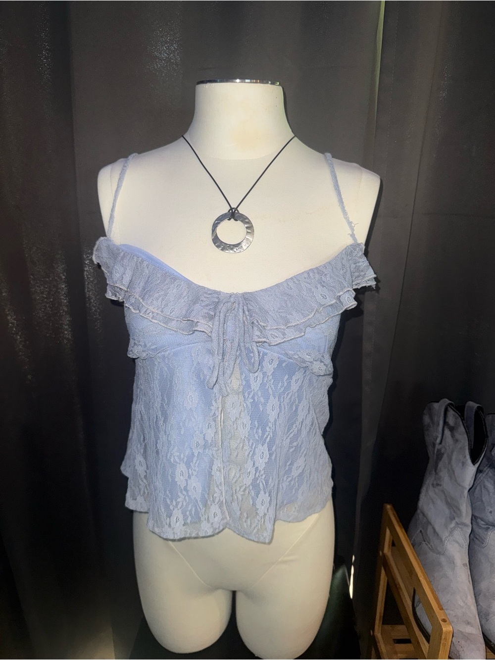 Blue/Lavender coquette + cottage core lace flap top with bow and ruffles